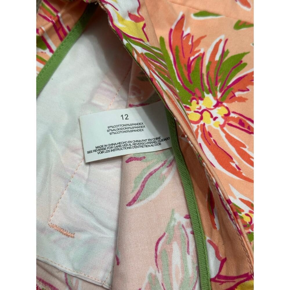 EUC Pappagallo Bermuda Shorts Tropical Palm Tree Peach Pink Green Sz 12 Side Zip - Picture 5 of 8